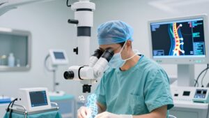 Хирург проводит высокоточную операцию на позвоночнике, демонстрируя этапы и результаты микродискэктомии в 2026 году